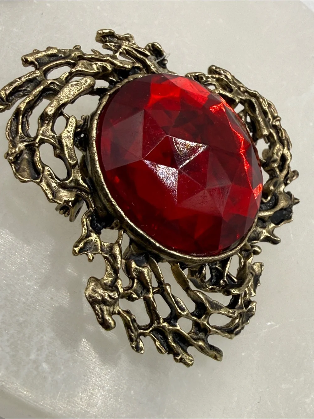 Faceted Antique-Style Red Stone Brooch in Aged Gold Tone metal brutalist dome